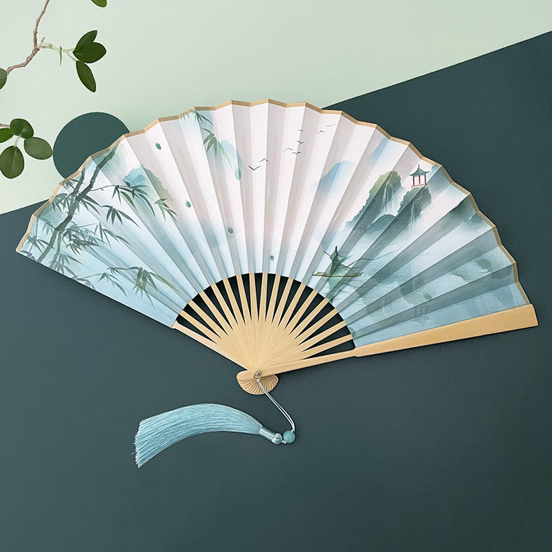 Éventail pliant vintage Lotus avec cadres en bambou pour artistes