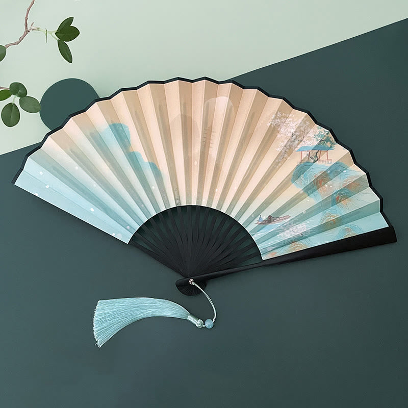 Éventail pliant vintage Lotus avec cadres en bambou pour artistes