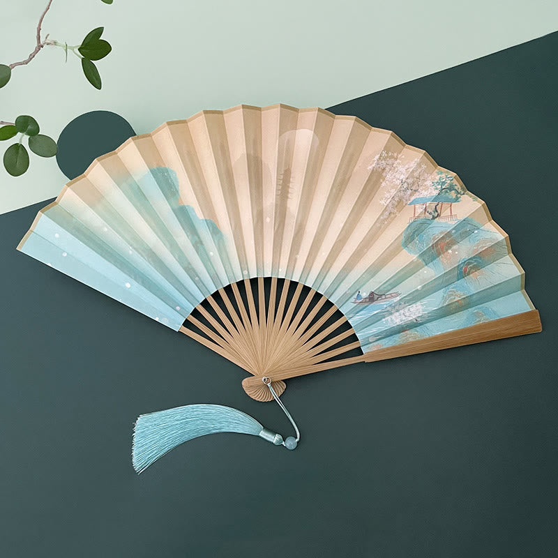 Éventail pliant vintage Lotus avec cadres en bambou pour artistes