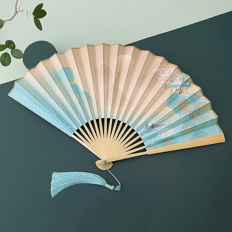 Éventail pliant vintage Lotus avec cadres en bambou pour artistes