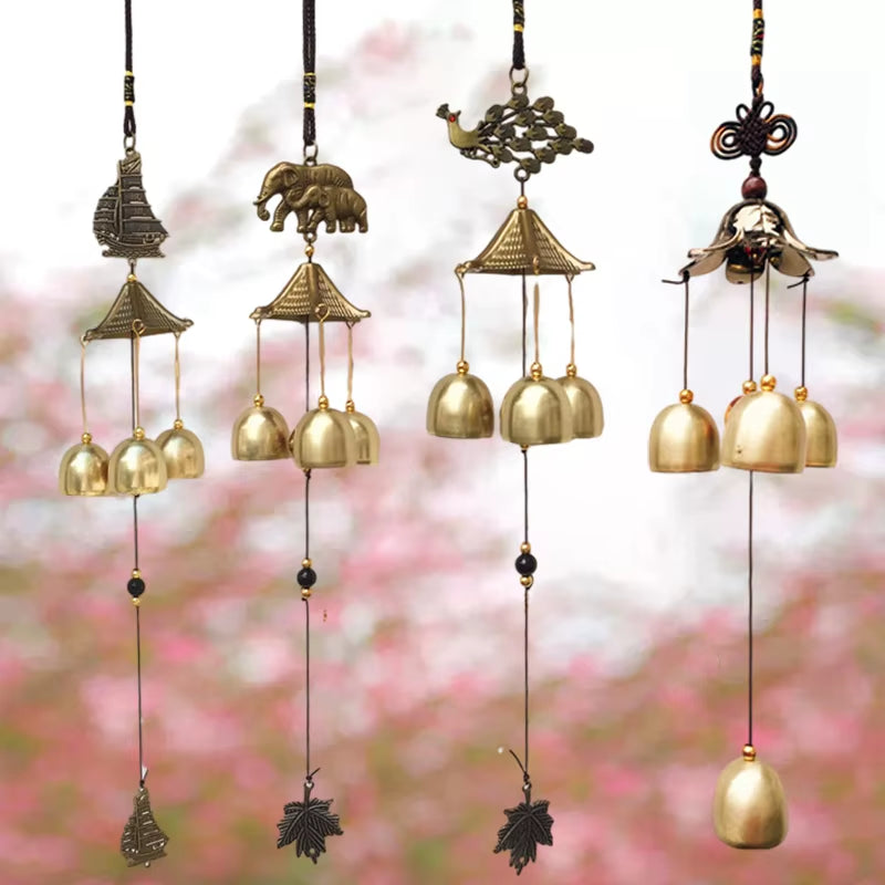 Decorative Vintage Metal Wind Chime with Golden Bells and Ornamental Toppers