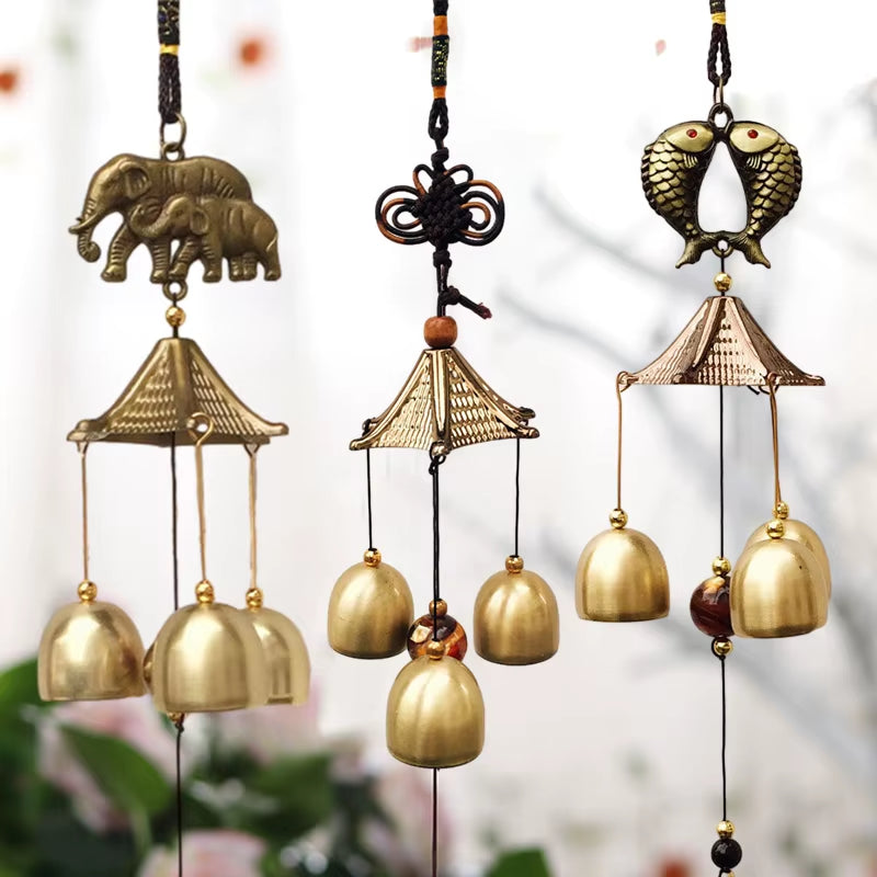 Decorative brass wind chimes with elephant and bird designs for retro garden decor