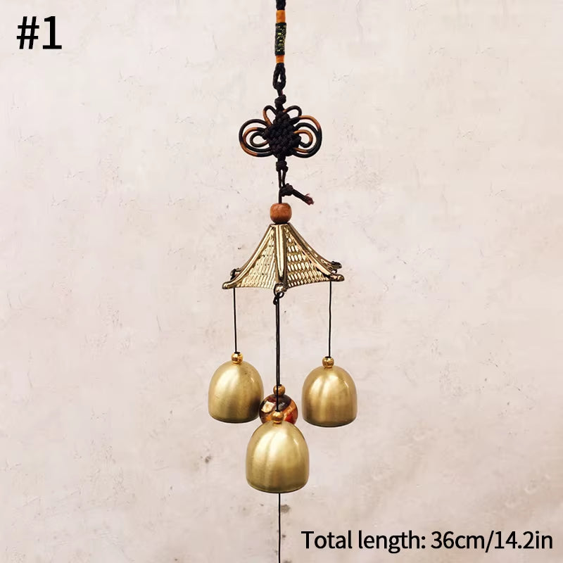 Vintage Metal Wind Chime with Three Golden Bells and Ornate Pagoda-Style Top
