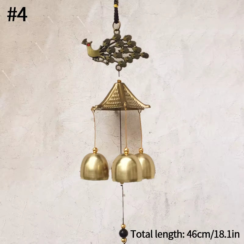 Vintage Metal Wind Chime with Peacock Topper and Bell-Shaped Chimes in Pagoda Frame