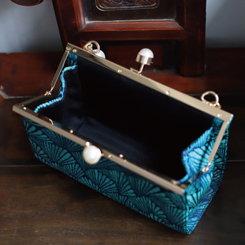 Sac à main vintage en métal nacré à motif de feuilles bleu paon