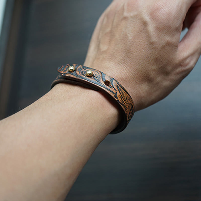 Bracelet spirituel en cuir imprimé vintage avec équilibre en cuivre