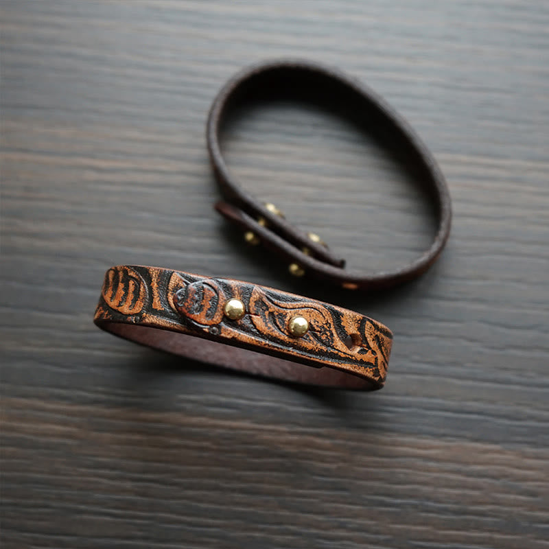 Bracelet spirituel en cuir imprimé vintage avec équilibre en cuivre