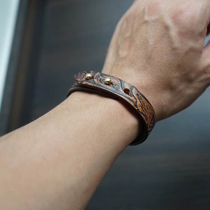 Bracelet spirituel en cuir imprimé vintage avec équilibre en cuivre