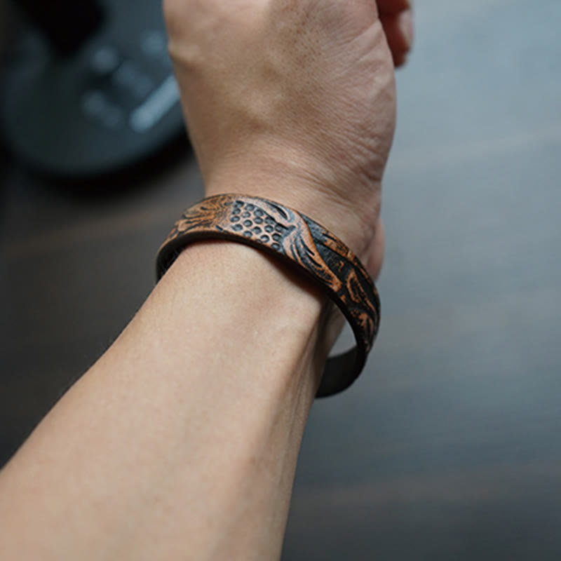 Bracelet spirituel en cuir imprimé vintage avec équilibre en cuivre