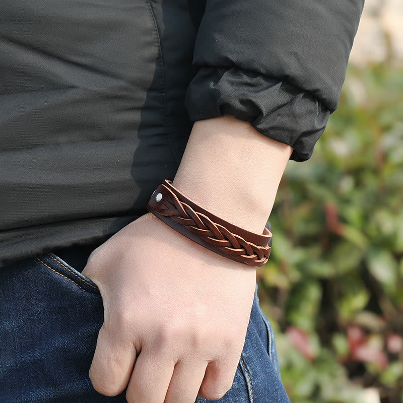 Bracelet réglable renforcé en cuir tissé vintage