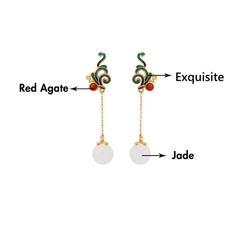 Boucles d'oreilles pendantes vintage en jade blanc et agate rouge pour la protection et la bénédiction