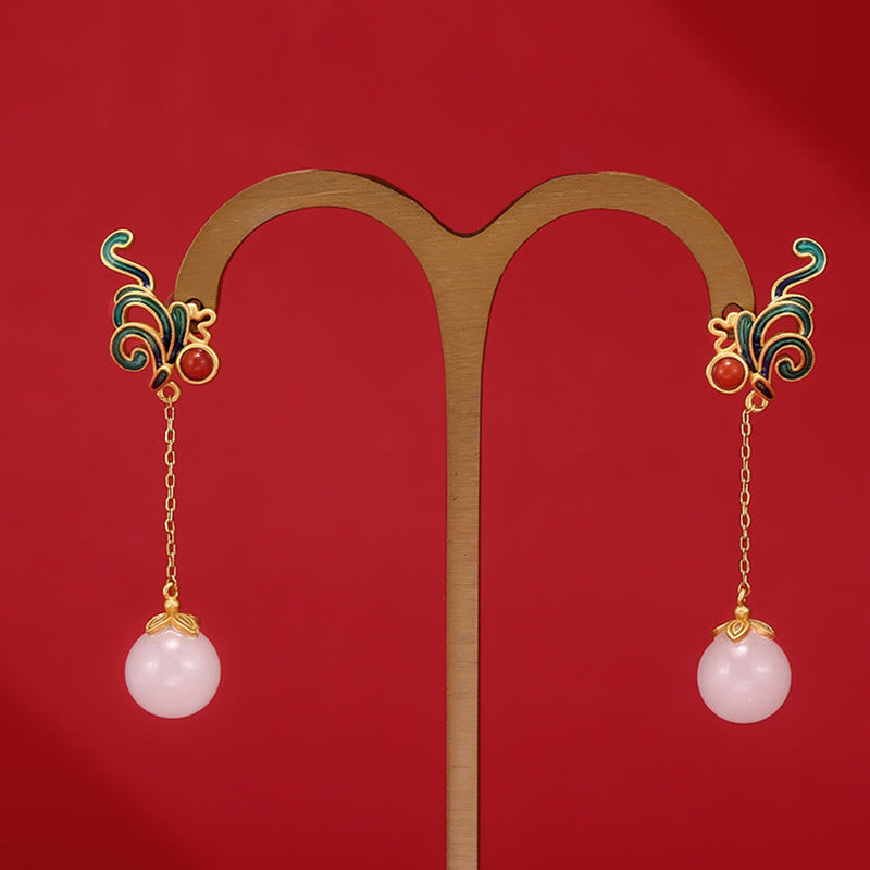 Boucles d'oreilles pendantes vintage en jade blanc et agate rouge pour la protection et la bénédiction