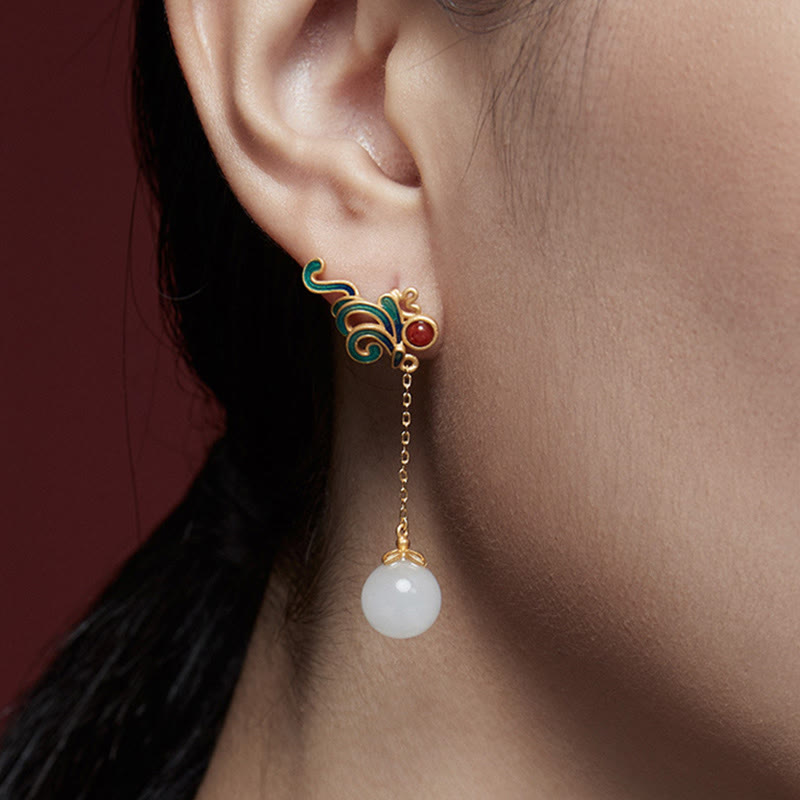 Boucles d'oreilles pendantes vintage en jade blanc et agate rouge pour la protection et la bénédiction