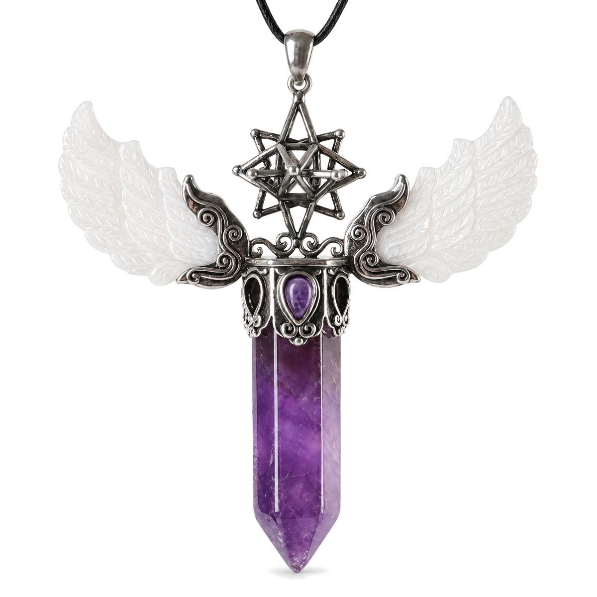 Vintage Wing Crystal Pendant 3.1in Spiritual Necklace, Amethyst, on a white background