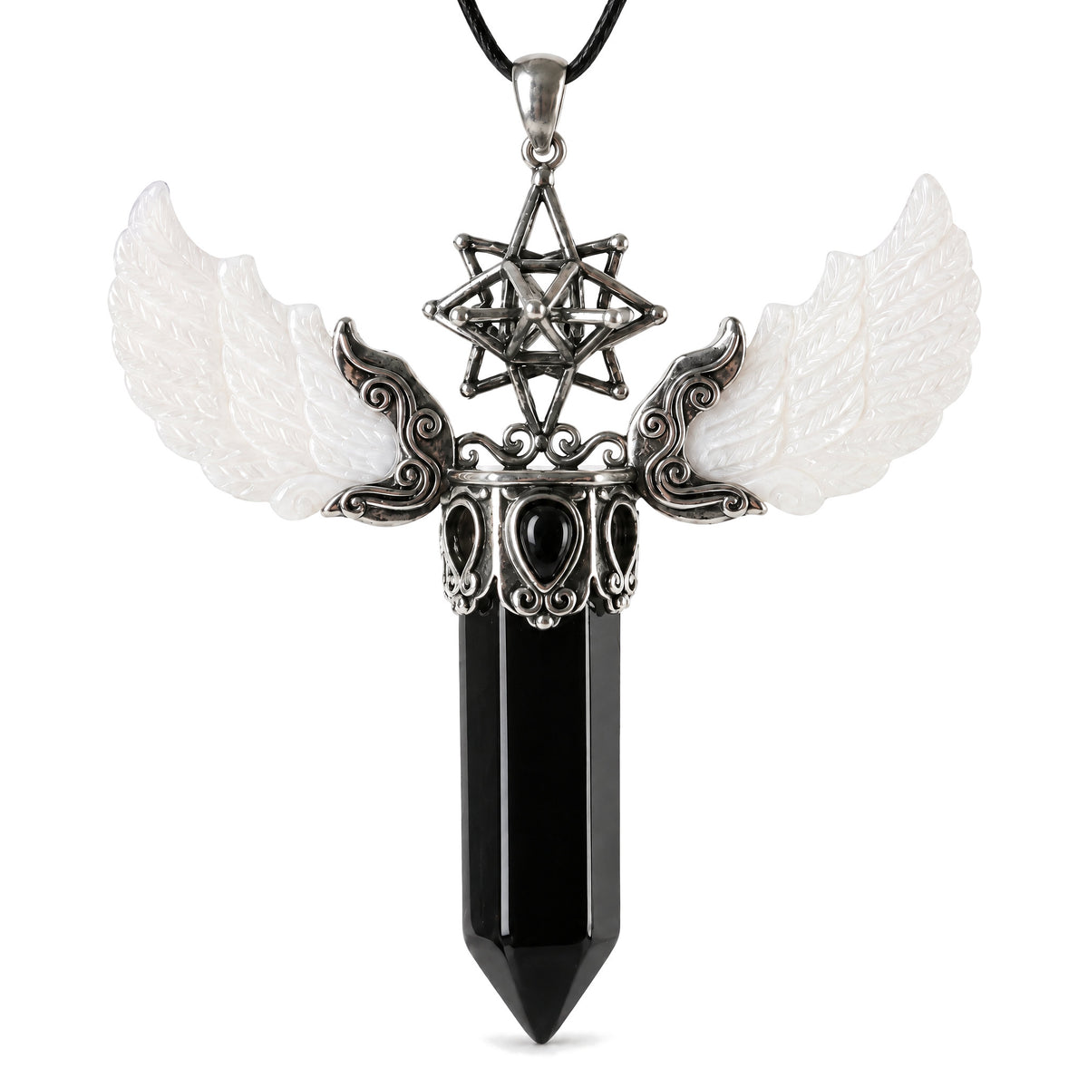 Vintage Wing Crystal Pendant 3.1in Spiritual Necklace, Black Obsidian, on a white background