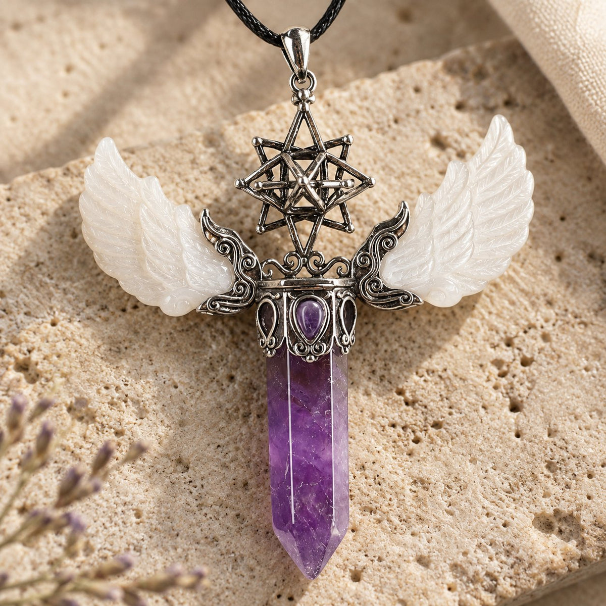Vintage Wing Crystal Pendant 3.1in Spiritual Necklace, close-up of the material and finish