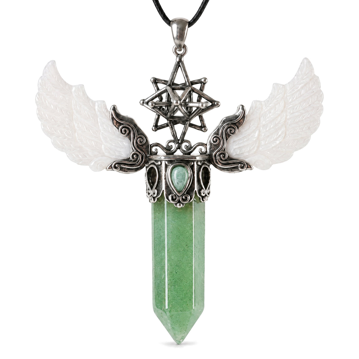 Vintage Wing Crystal Pendant 3.1in Spiritual Necklace, Green Aventurine, on a white background