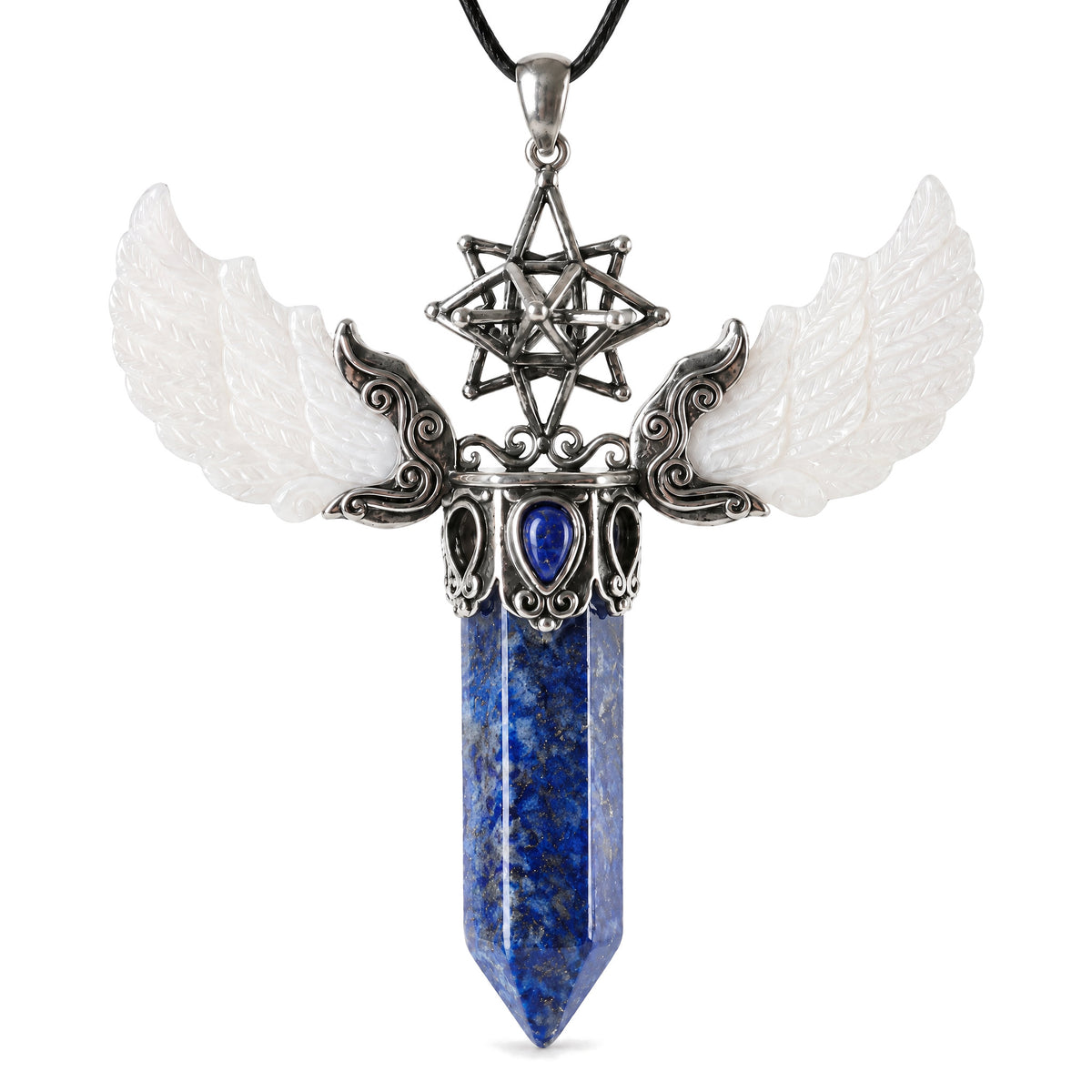 Vintage Wing Crystal Pendant 3.1in Spiritual Necklace, Lapis, on a white background