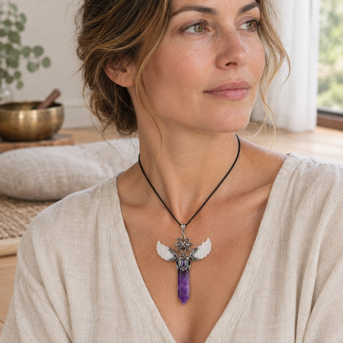 Vintage Wing Crystal Pendant 3.1in Spiritual Necklace, worn by a woman in a calm everyday moment