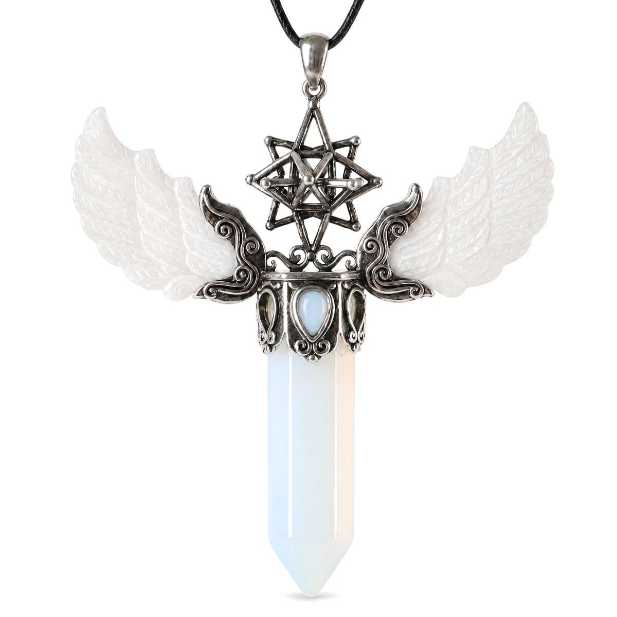 Vintage Wing Crystal Pendant 3.1in Spiritual Necklace, Opalite, on a white background