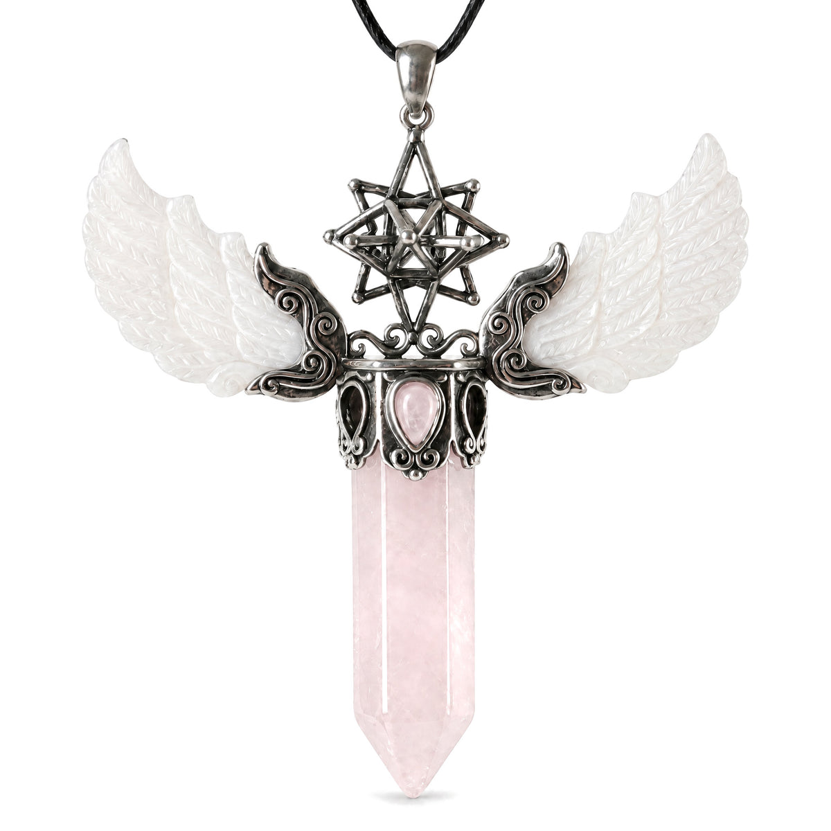 Vintage Wing Crystal Pendant 3.1in Spiritual Necklace, Rose Quartz, on a white background