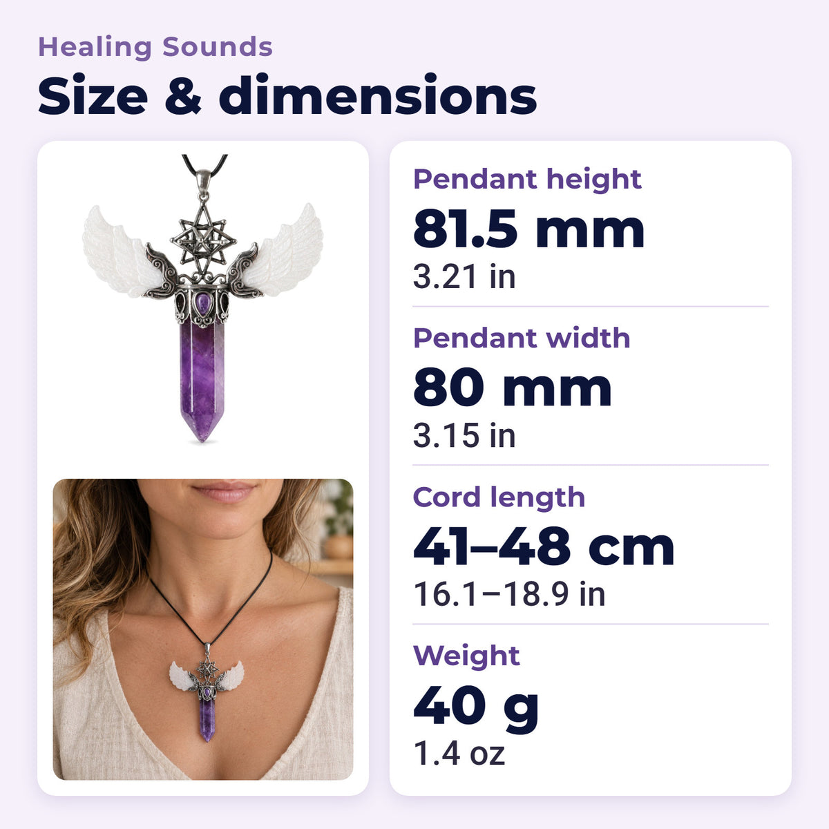 Vintage Wing Crystal Pendant 3.1in Spiritual Necklace, size and dimensions in millimetres and inches