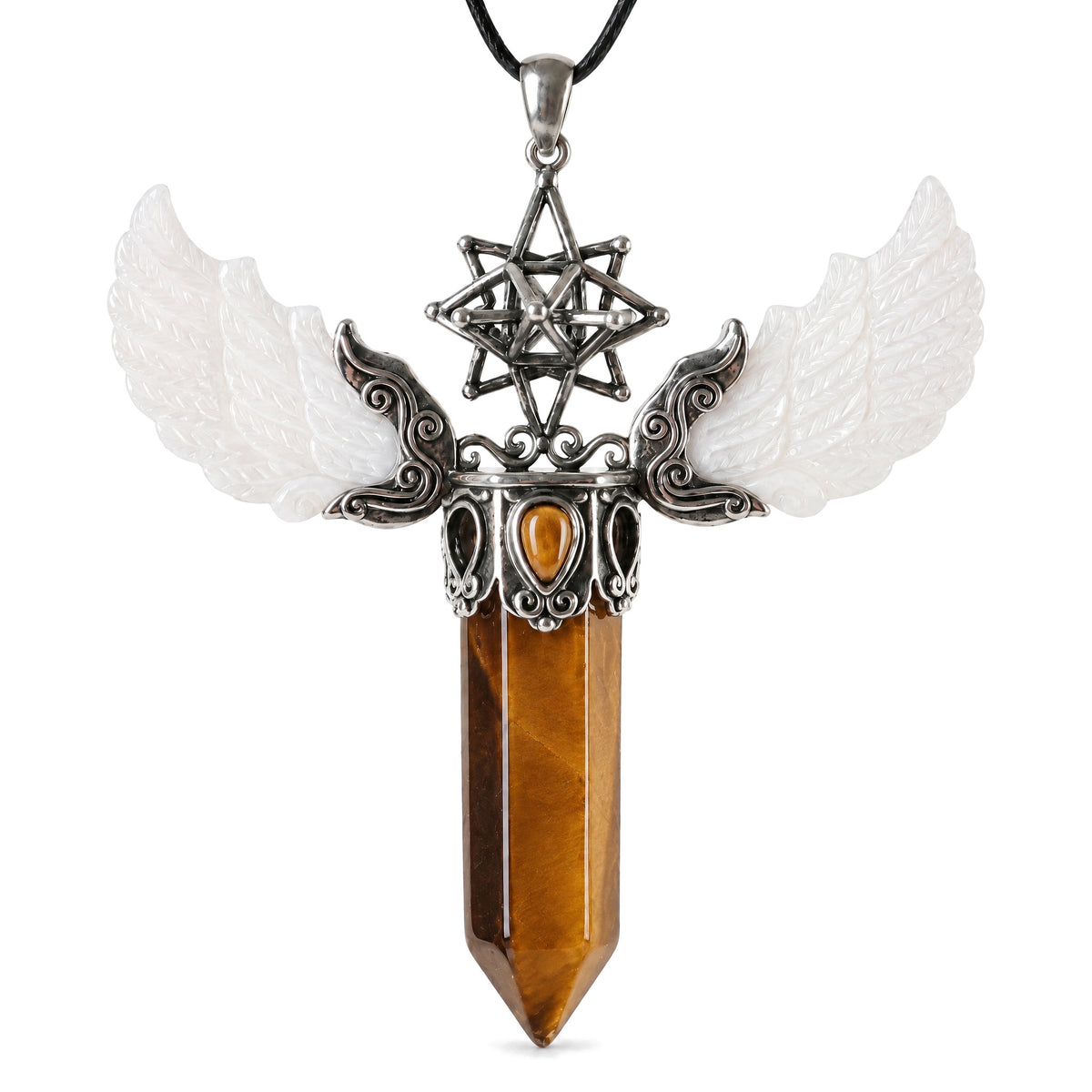 Vintage Wing Crystal Pendant 3.1in Spiritual Necklace, Tiger Eye, on a white background