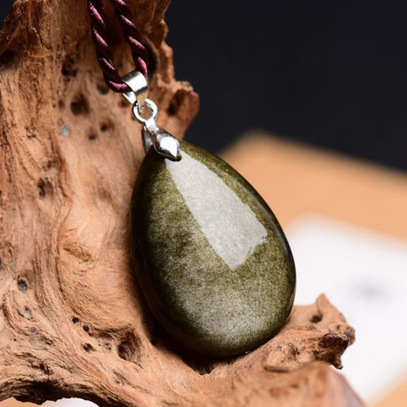 Collier pendentif en obsidienne goutte d'eau | Doré et noir arc-en-ciel