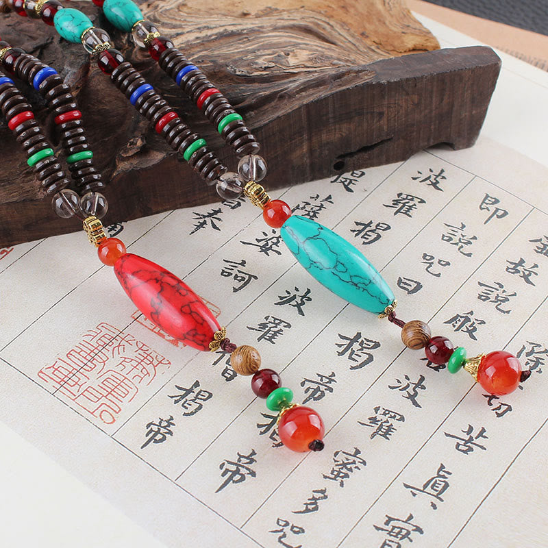 Collier en bois de wengé turquoise pour la protection et le calme 80 cm
