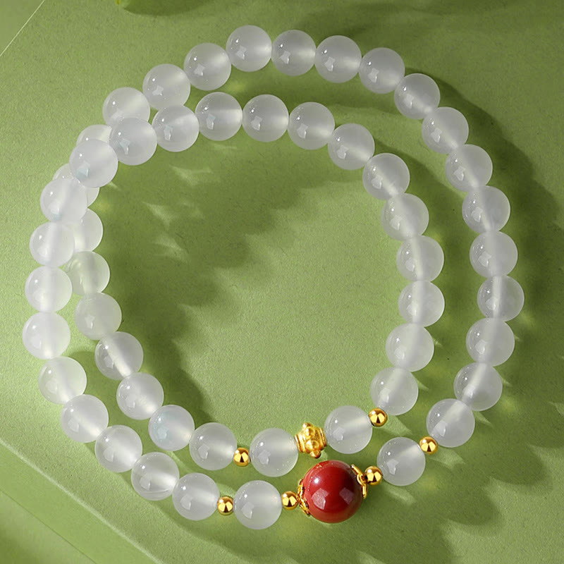 Bracelet de protection en agate blanche et cinabre à double tour