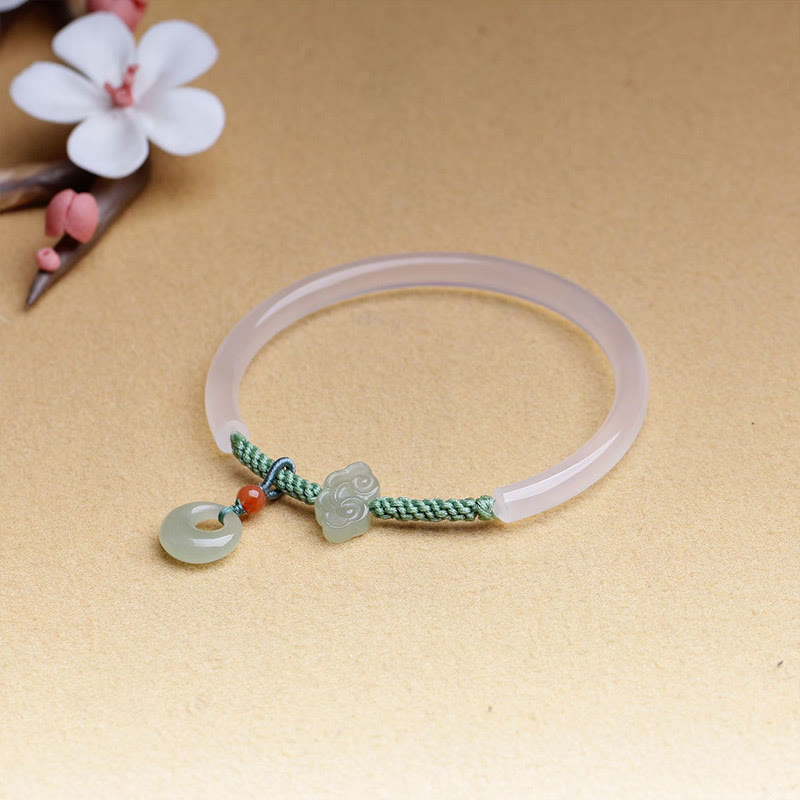 Bracelet jonc en agate blanche et jade Hetian, nuages ​​de bon augure, boucle de paix