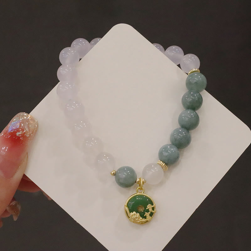 Bracelet de protection en jade et agate blanche 8 mm avec boucle Lotus Peace