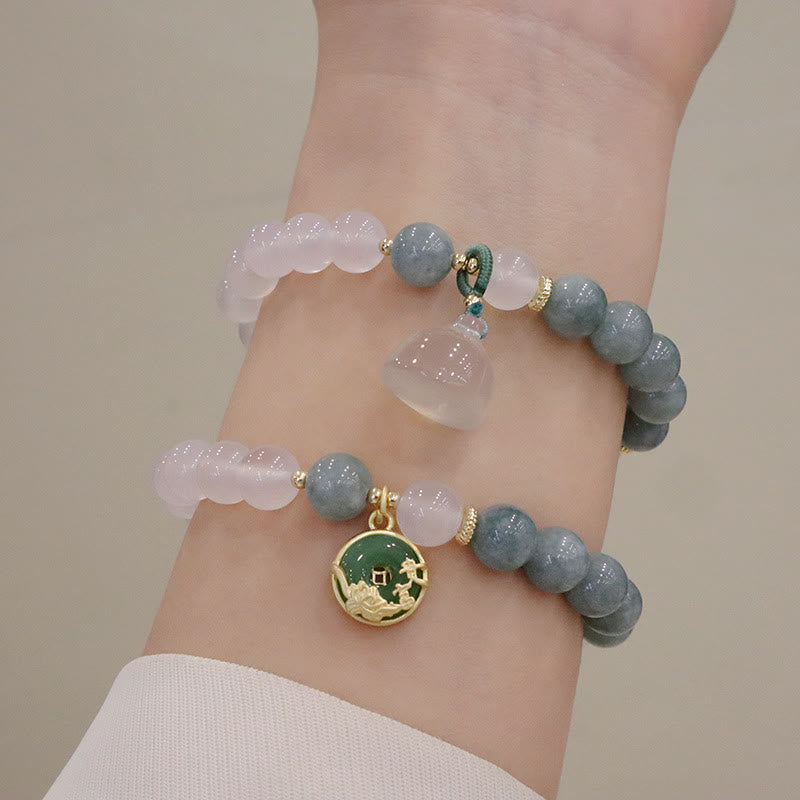 Bracelet de protection en jade et agate blanche 8 mm avec boucle Lotus Peace