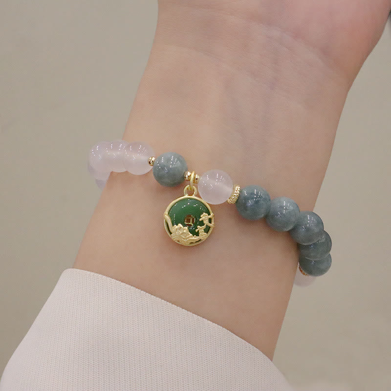 Bracelet de protection en jade et agate blanche 8 mm avec boucle Lotus Peace