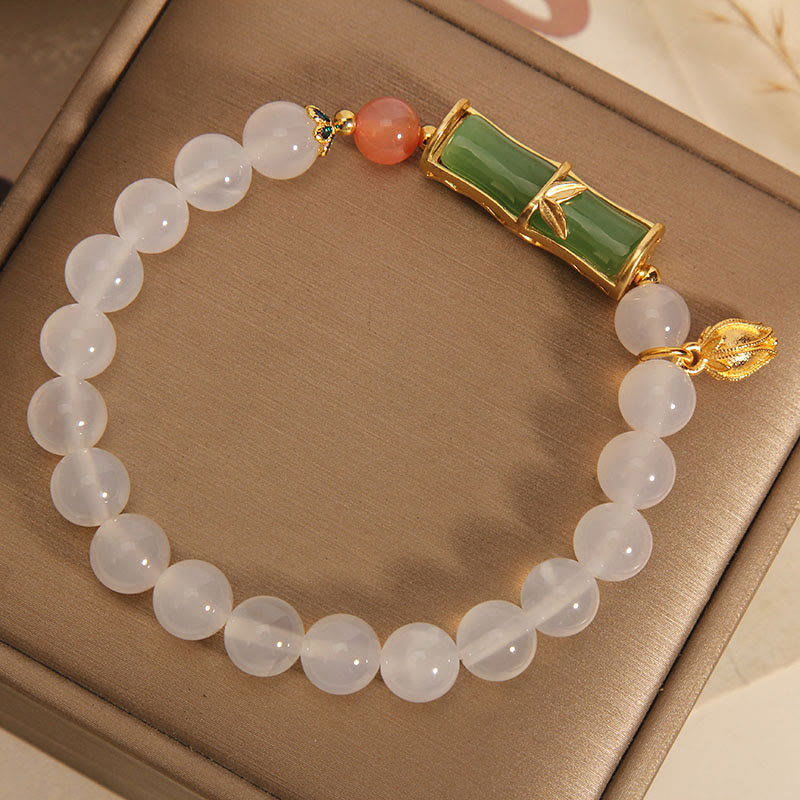 Bracelet Positivité en Agate Blanche et Jadéite et Bambou 14-16 cm