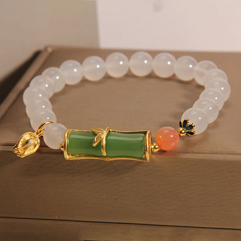 Bracelet Positivité en Agate Blanche et Jadéite et Bambou 14-16 cm