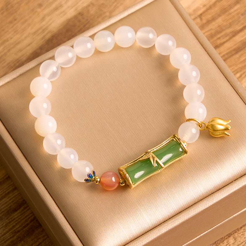 Bracelet Positivité en Agate Blanche et Jadéite et Bambou 14-16 cm