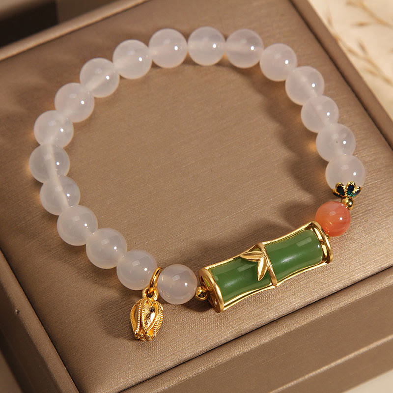 Bracelet Positivité en Agate Blanche et Jadéite et Bambou 14-16 cm