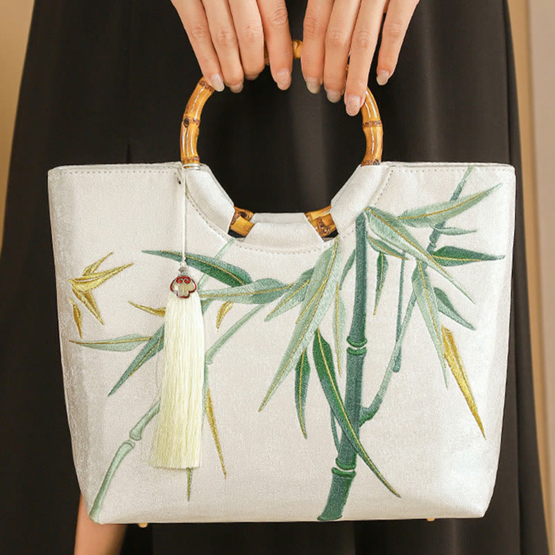 Sac de yoga brodé en bambou blanc avec poignée à pompon