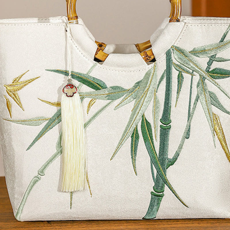 Sac de yoga brodé en bambou blanc avec poignée à pompon