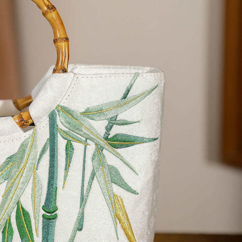 Sac de yoga brodé en bambou blanc avec poignée à pompon