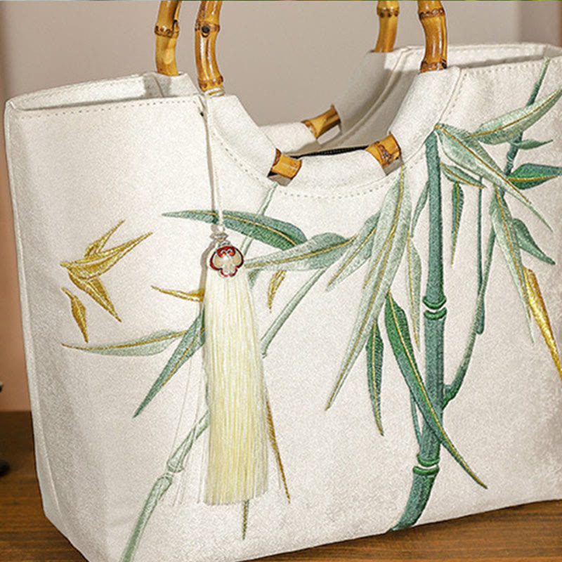Sac de yoga brodé en bambou blanc avec poignée à pompon