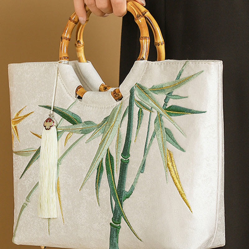 Sac de yoga brodé en bambou blanc avec poignée à pompon