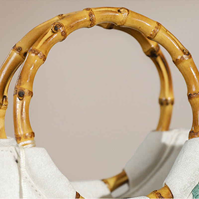 Sac de yoga brodé en bambou blanc avec poignée à pompon