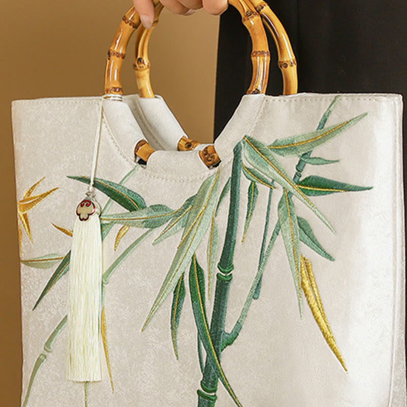 Sac de yoga brodé en bambou blanc avec poignée à pompon