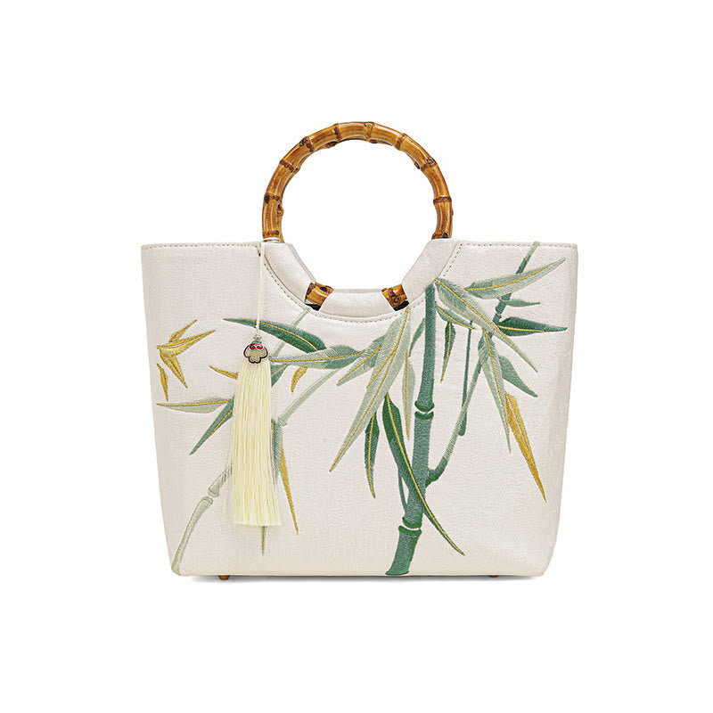 Sac de yoga brodé en bambou blanc avec poignée à pompon