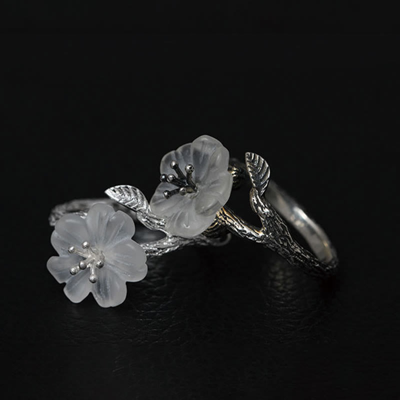 Bague de guérison réglable en cristal blanc avec fleur squelette