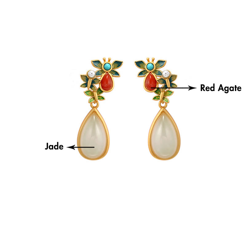 Boucles d'oreilles pendantes en jade blanc avec protection papillon 3,2 cm