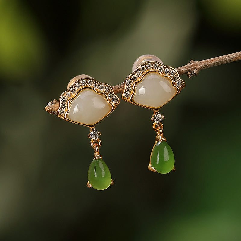 Boucles d'oreilles pendantes porte-bonheur en jade blanc et jade cyan, longueur 20 mm
