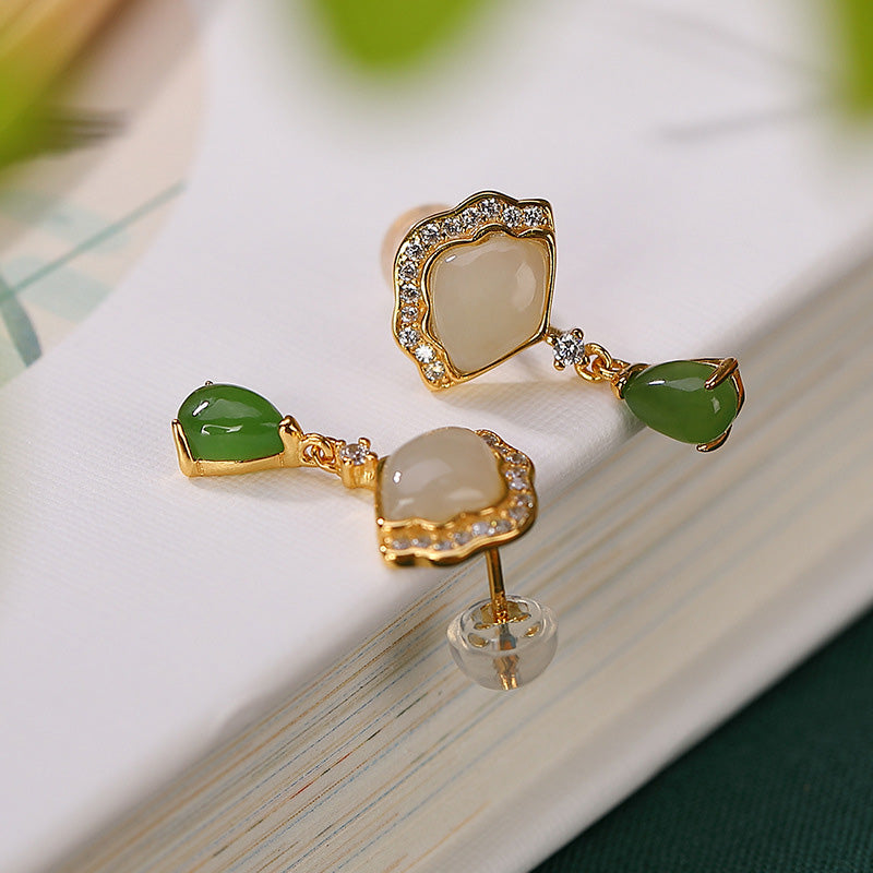 Boucles d'oreilles pendantes porte-bonheur en jade blanc et jade cyan, longueur 20 mm